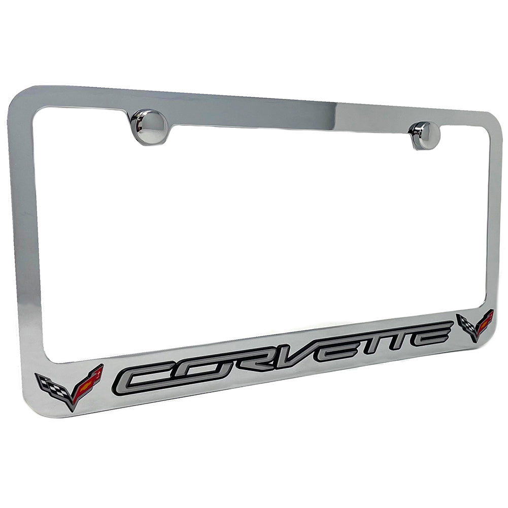 C7 Corvette License Plate Frame - Chrome with C7 Crossed Flags Logo - Chrome