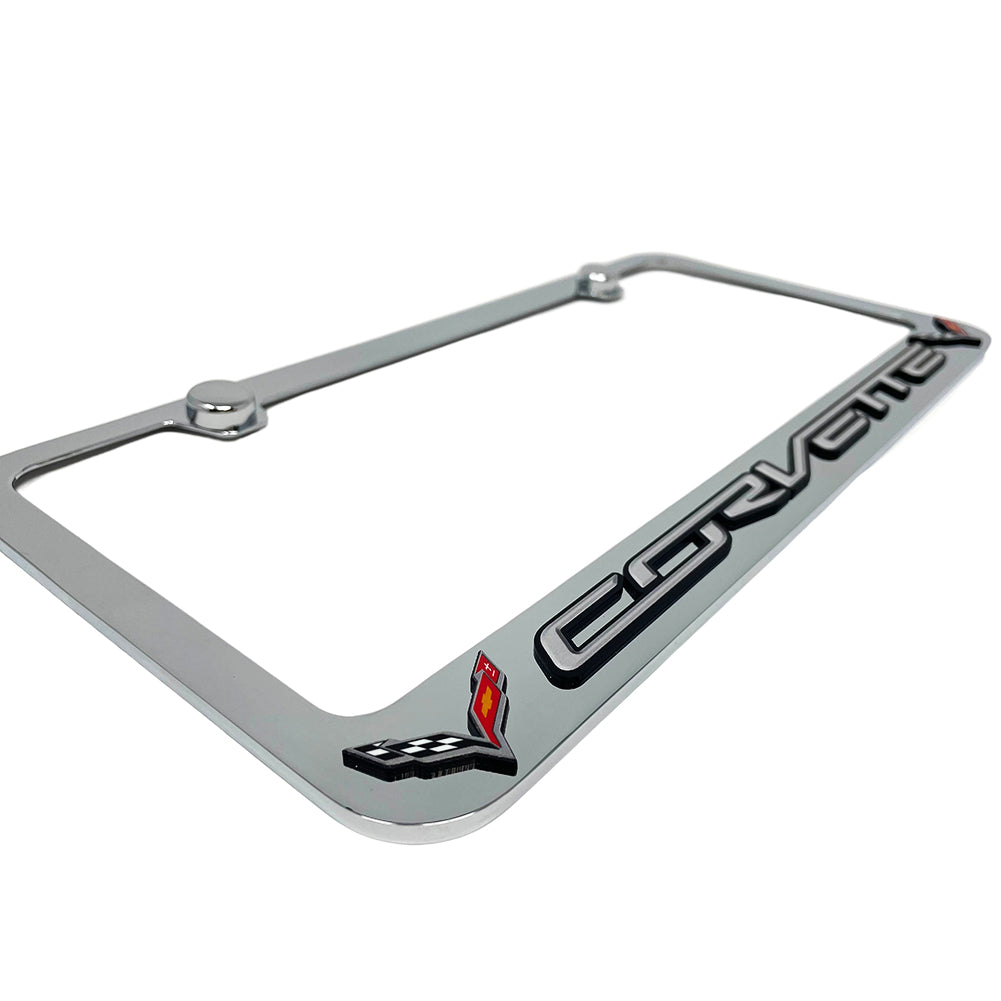 C7 Corvette License Plate Frame - Chrome with C7 Crossed Flags Logo - Chrome