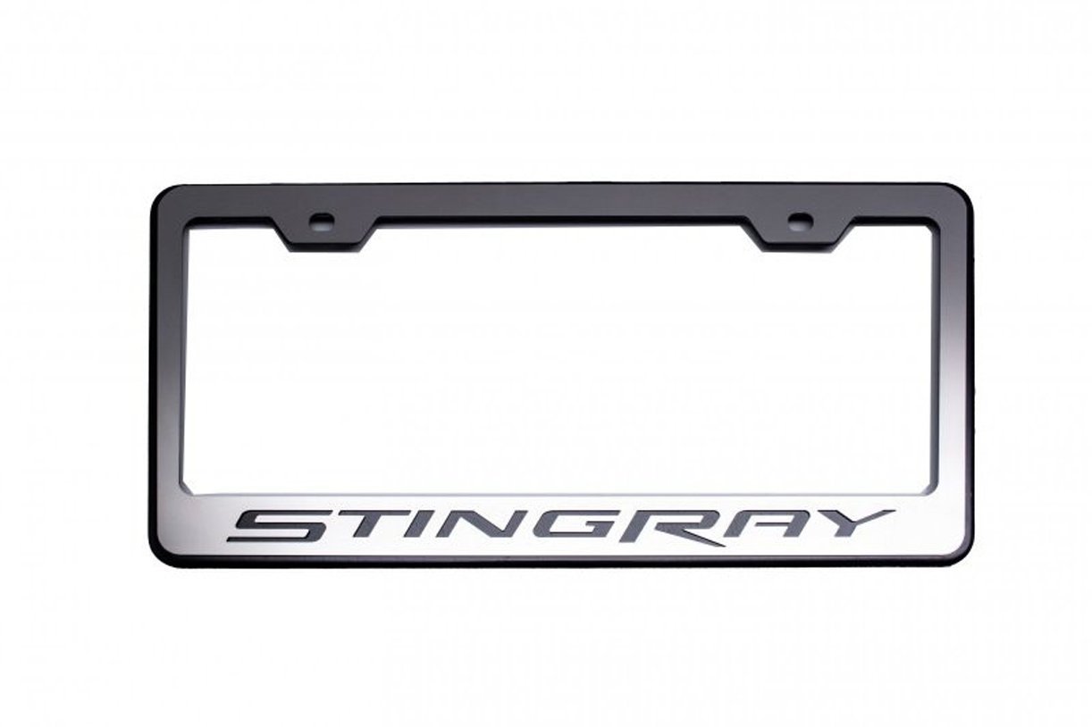 2014 C7 Corvette Stingray License Plate Frame - Chrome w/Stainless Steel Overlay & Carbon Fiber "STINGRAY" Script