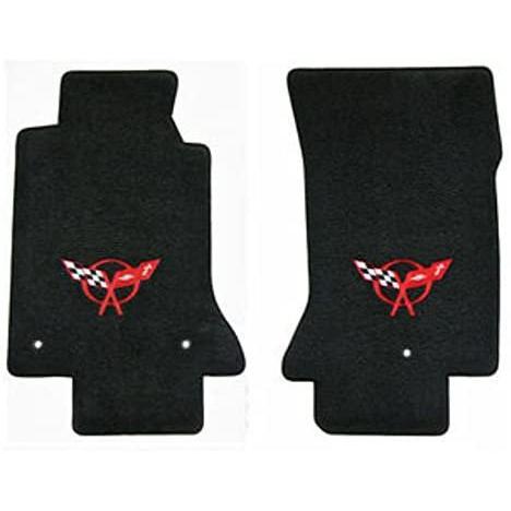 Fits 1997-2004 C5 Corvette Classic Loop Black Floor Mats Set Crossed Flags Logo in Red