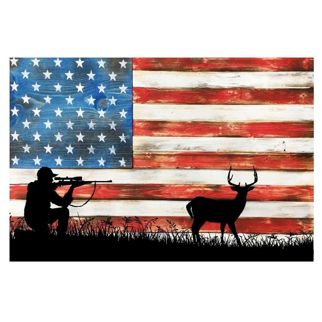 Hunting Deer USA Flag Metal Sign 12" x 8"