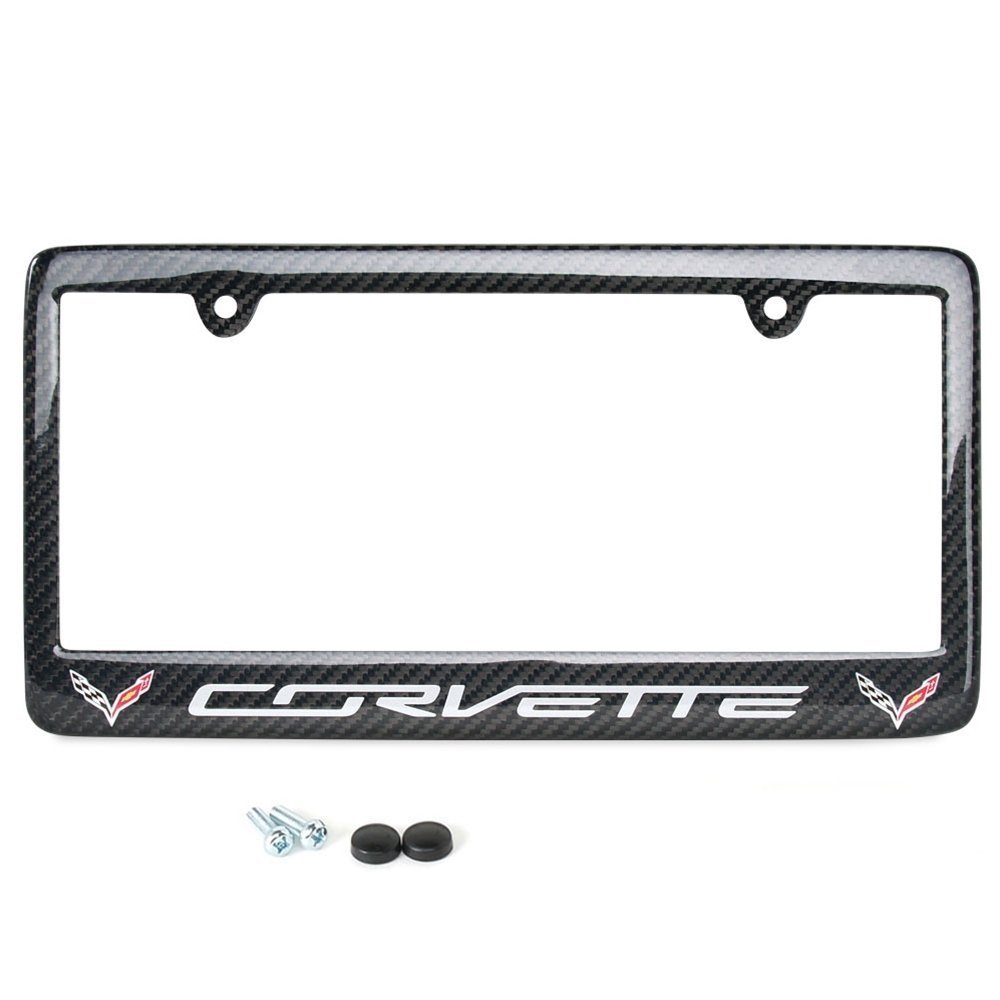 C7 Corvette Carbon Fiber License Plate Frame - Light Gray Corvette Script with Flags Logo