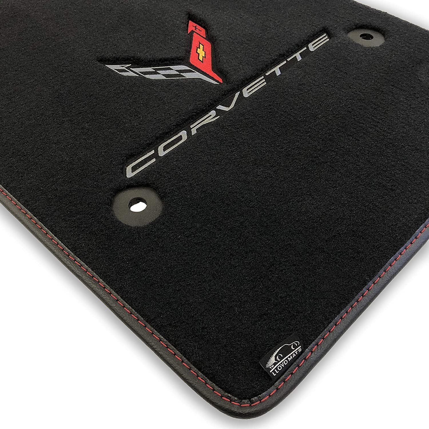 C8 Corvette Floor Mats - Ebony with Carbon Flags/Corvette Script & Red Binding-SR1 Performance