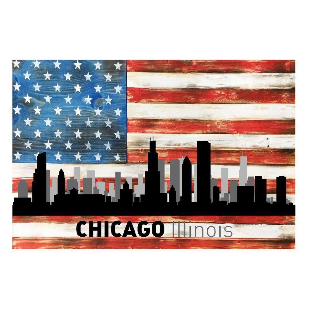 Chicago Illinois City Skyline USA Flag Metal Sign Home Decor - 12" x 8"-SR1 Performance