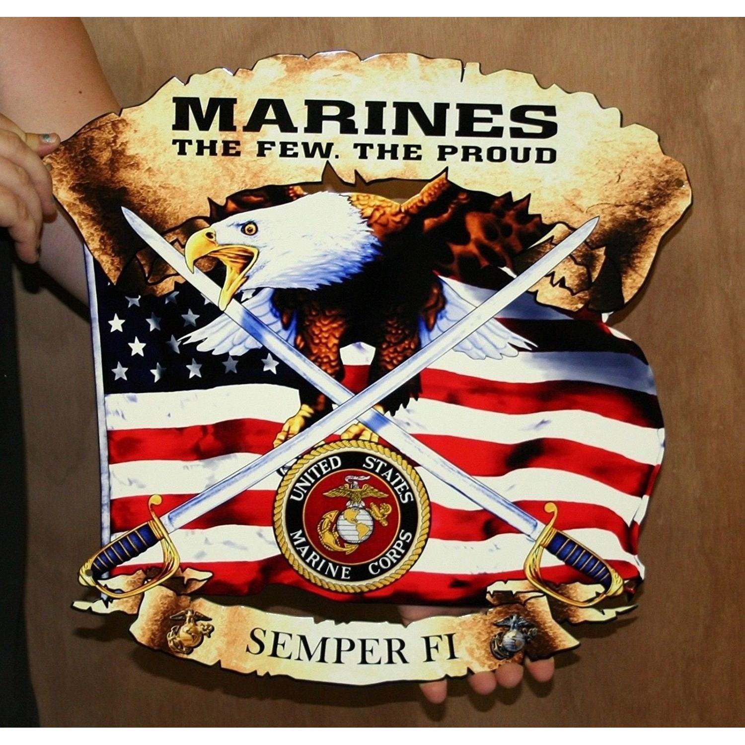 USMC Flag Mancave Metal Sign with Semper Fi - 16" x 16"