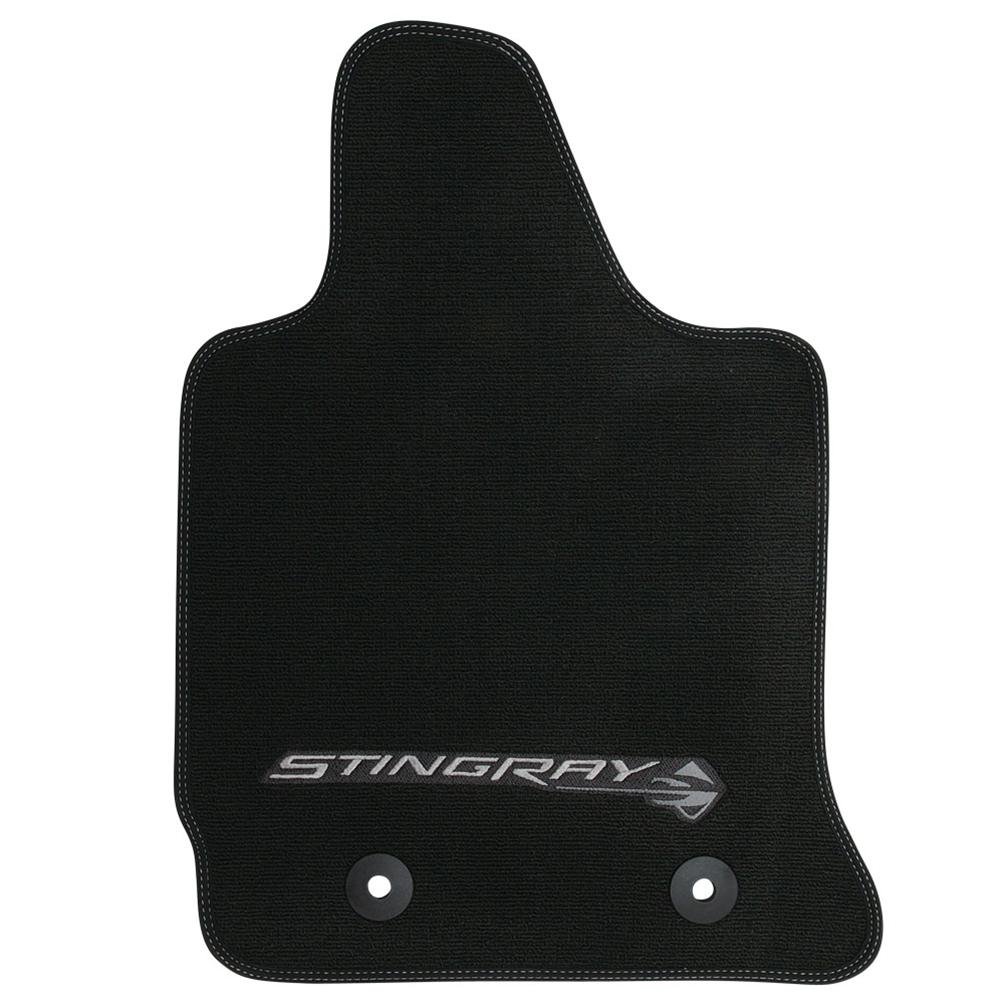 C7 Corvette Floor Mats - Black w/Stingray Logo and Tan Border Stitching