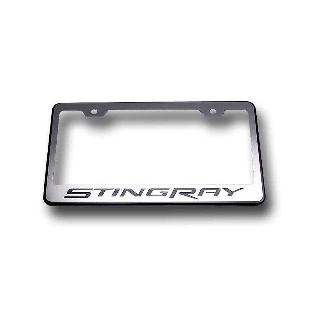 2014 C7 Corvette Stingray License Plate Frame - Chrome w/Stainless Steel Overlay & Carbon Fiber "STINGRAY" Script