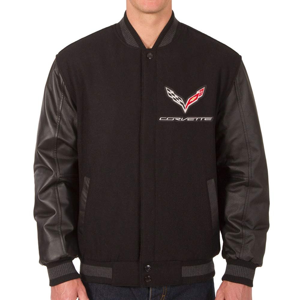 C7 Corvette Reversible Wool Varsity Style Jacket w/Leather Sleeve - Black