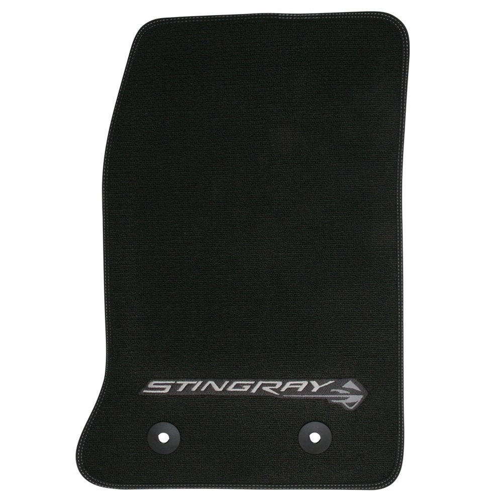 C7 Corvette Floor Mats - Black w/Stingray Logo and Tan Border Stitching