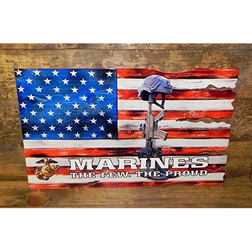 USMC Enlisted "The Few. The Proud." Fallen Battle Cross USA American Flag Metal Sign - 24" x 15"