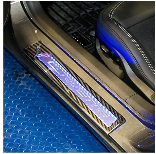 C7 Corvette Door Sill Carbon Fiber Overlay w/Polished Trim & BLUE LED Lighting