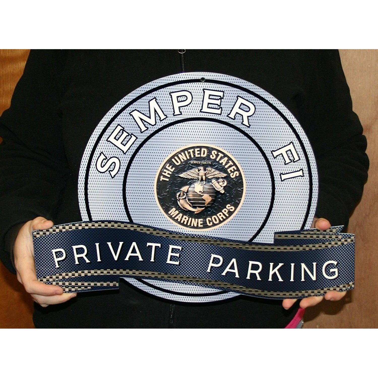 USMC Semper Fi Mancave Private Parking Metal Sign - Bronze Logo - 18