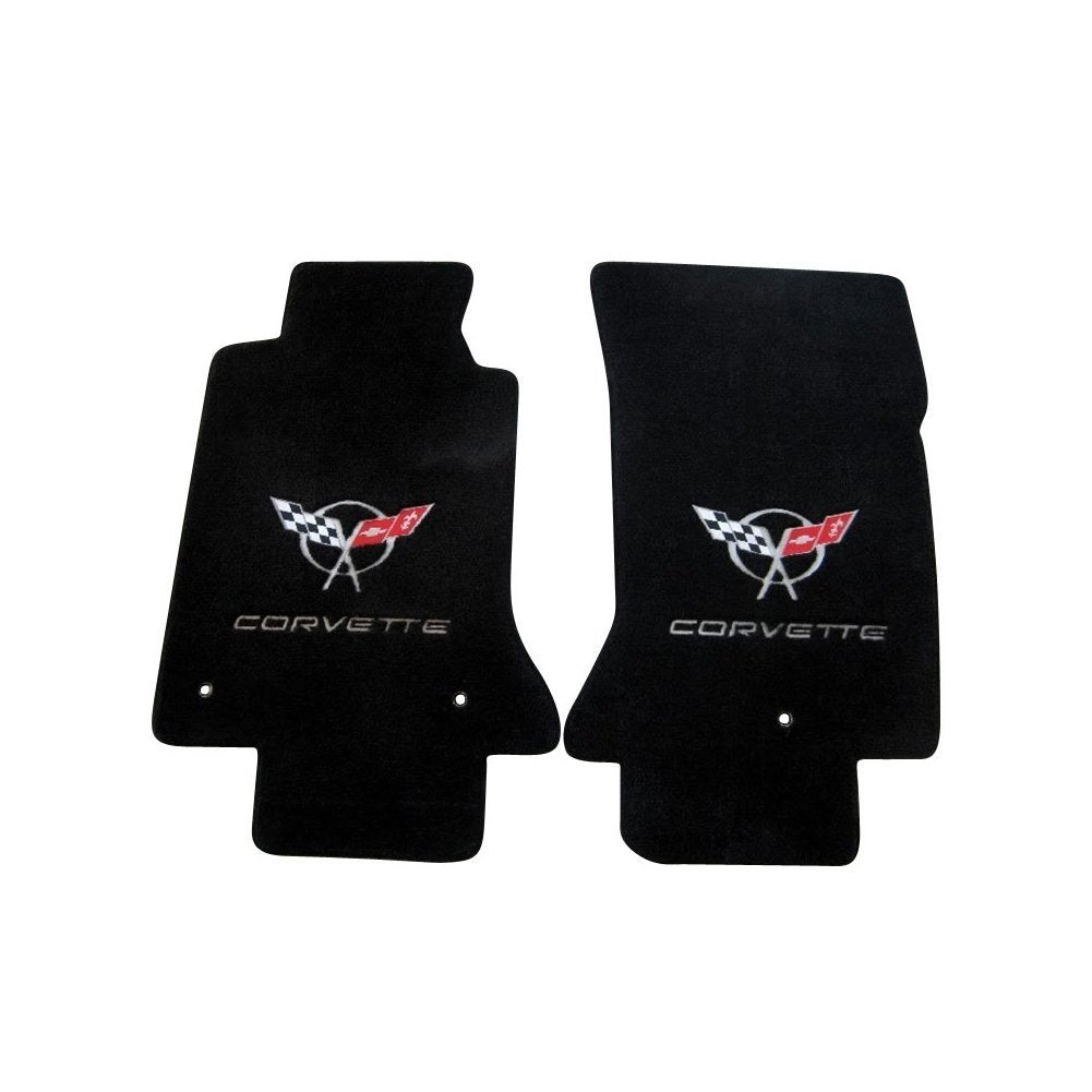 Corvette Floor Mats - Embroidered Double Logo - Black w/ Silver : 1997-2004 C5