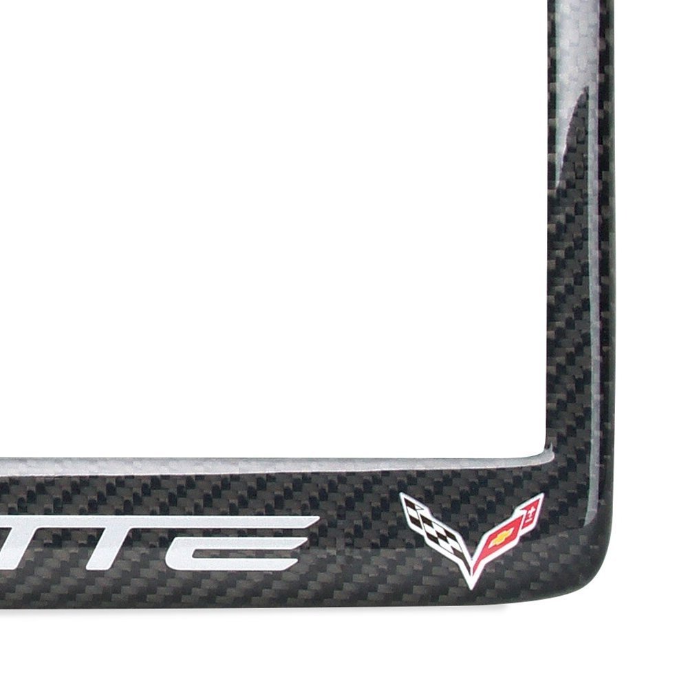 C7 Corvette Carbon Fiber License Plate Frame - Light Gray Corvette Script with Flags Logo