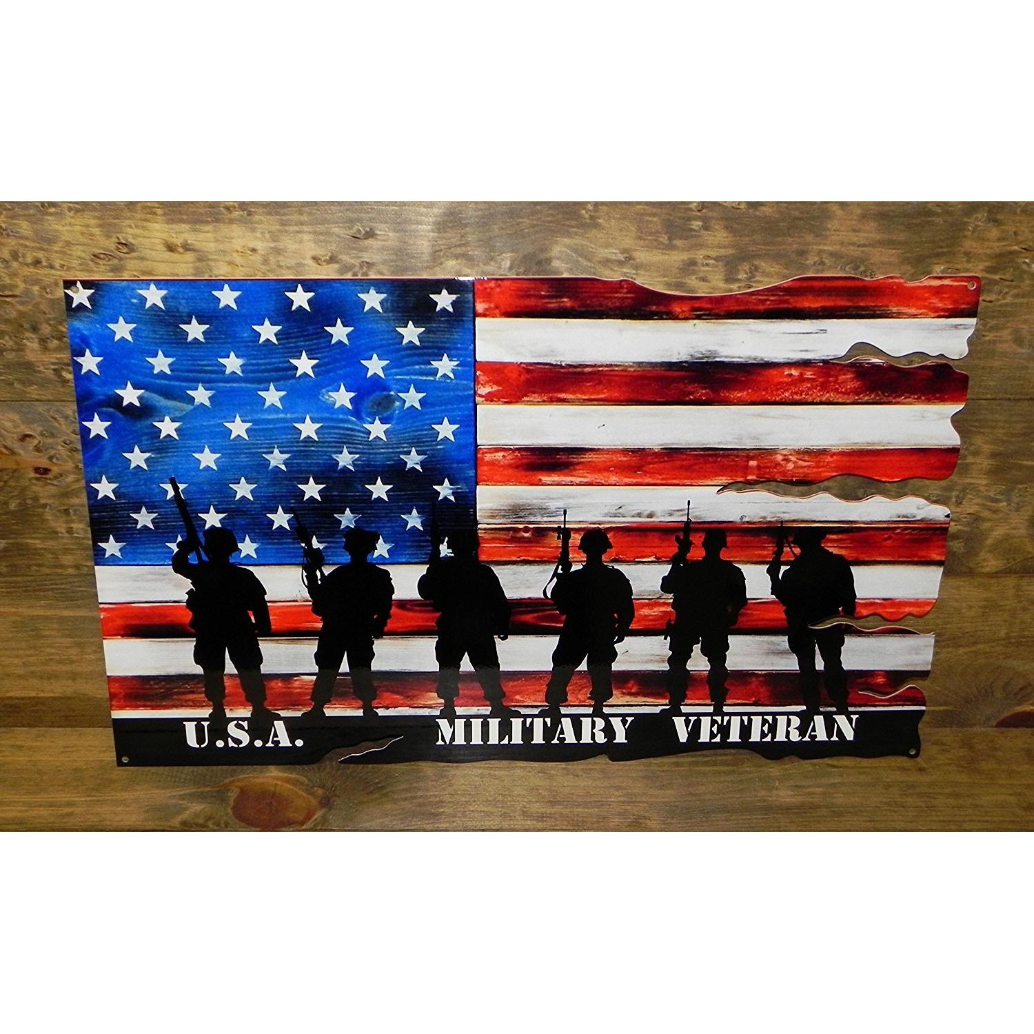 Military Veteran USA Flag Metal Sign - 24" x 15"