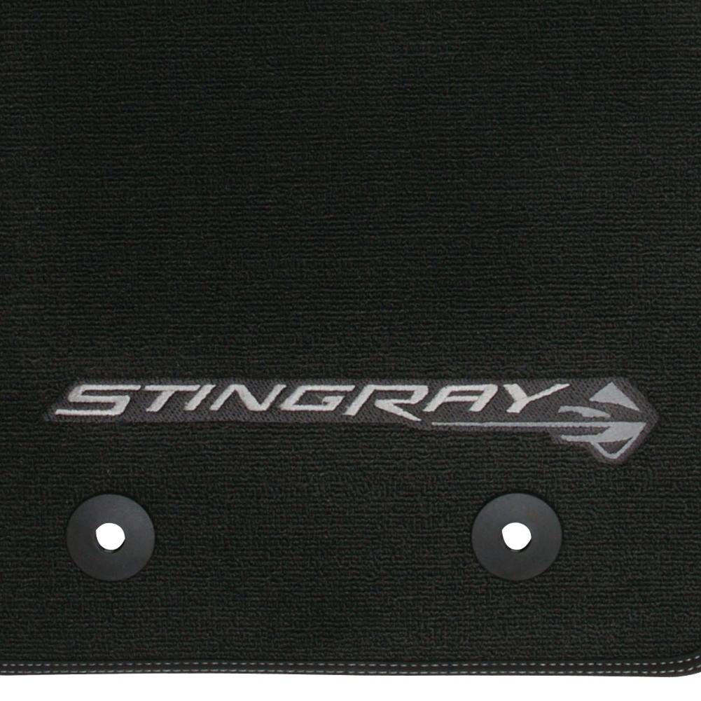 C7 Corvette Floor Mats - Black w/Stingray Logo and Tan Border Stitching