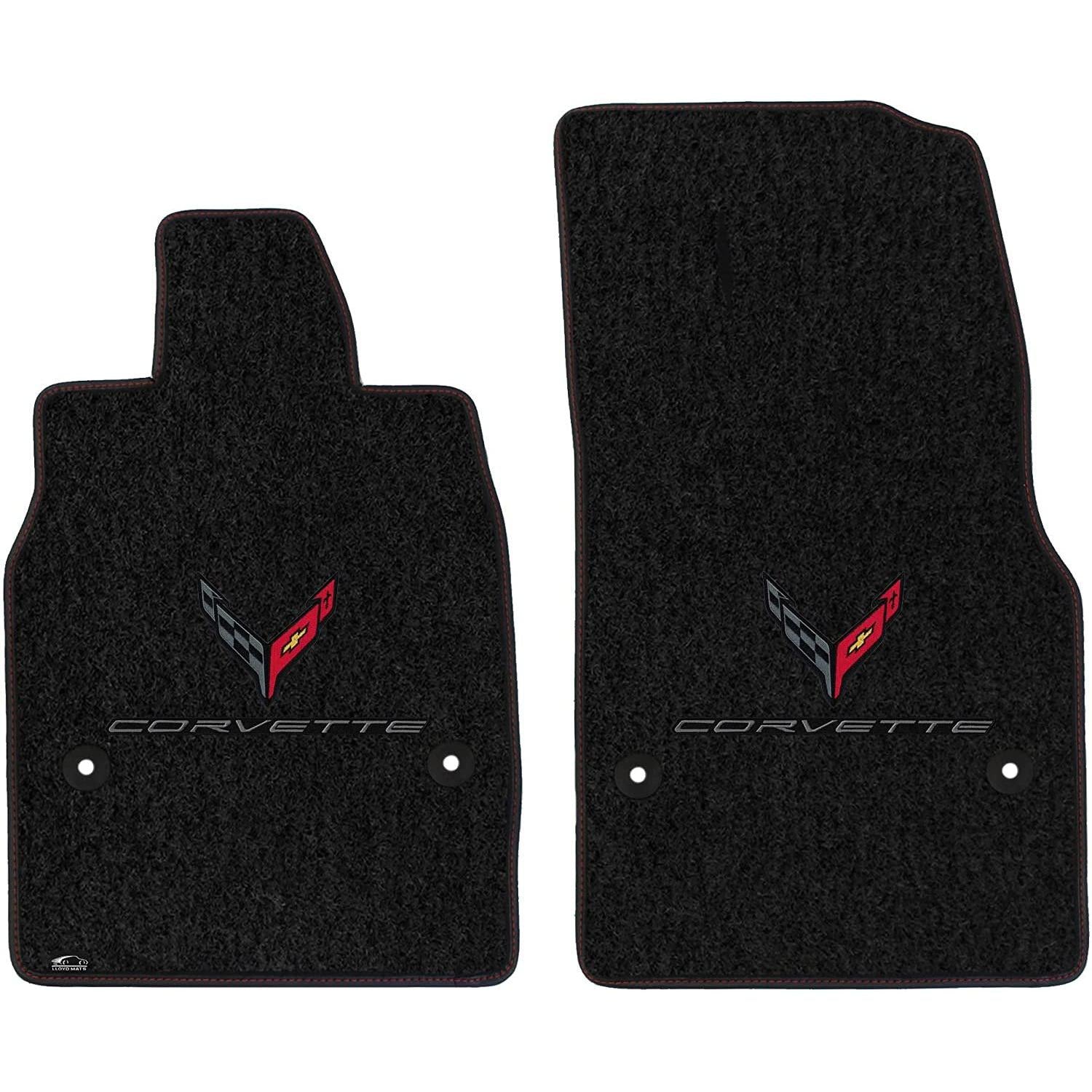 C8 Corvette Floor Mats - Ebony with Carbon Flags/Corvette Script & Red Binding-SR1 Performance