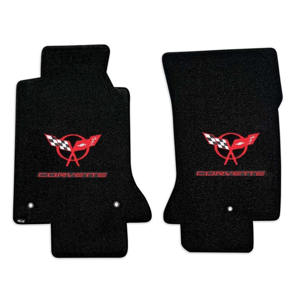 Corvette Floor Mats - Embroidered Double Logo - Black w/ Silver : 1997-2004 C5