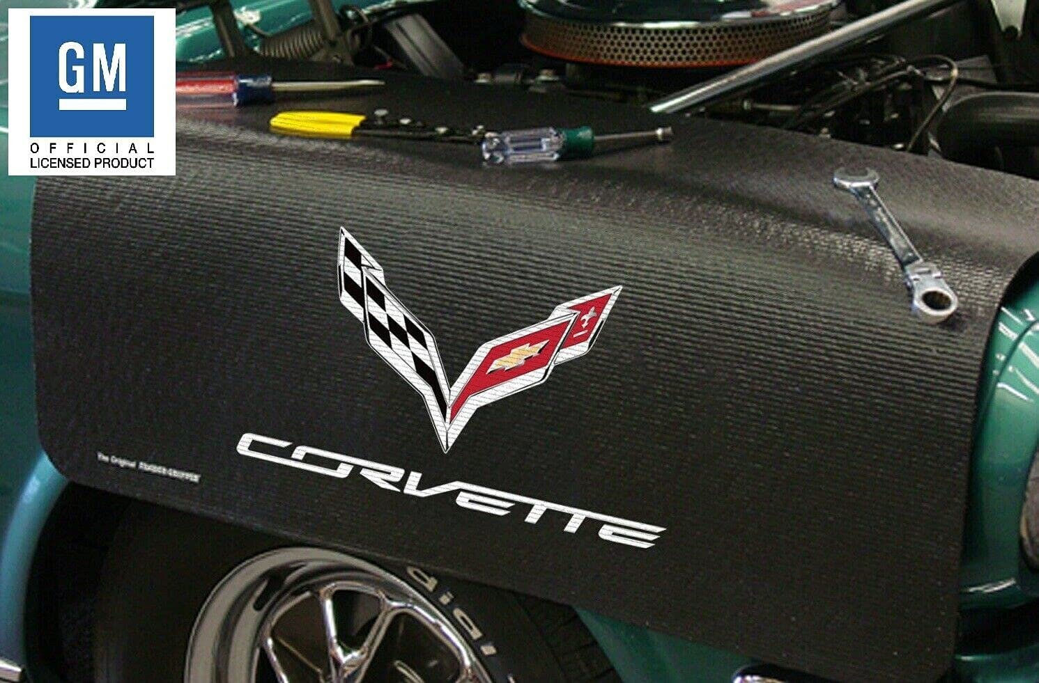 C7 Corvette Fender Gripper Fender Mat - Crossed Flags Logo : Black