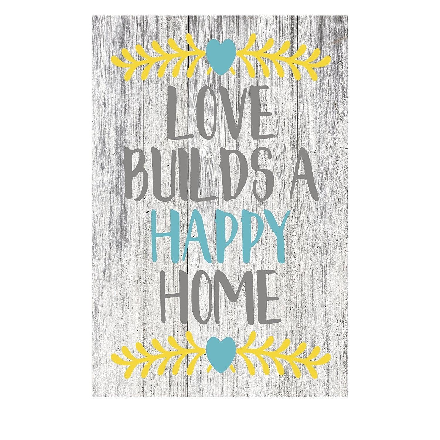 Love Builds A Happy Home Rustic Home Decor Metal Sign - Yellow and Blue - 12