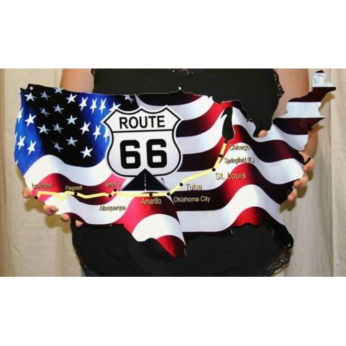 Route 66 Map Metal Sign - Large American Flag Metal Sign - 24" x 14"