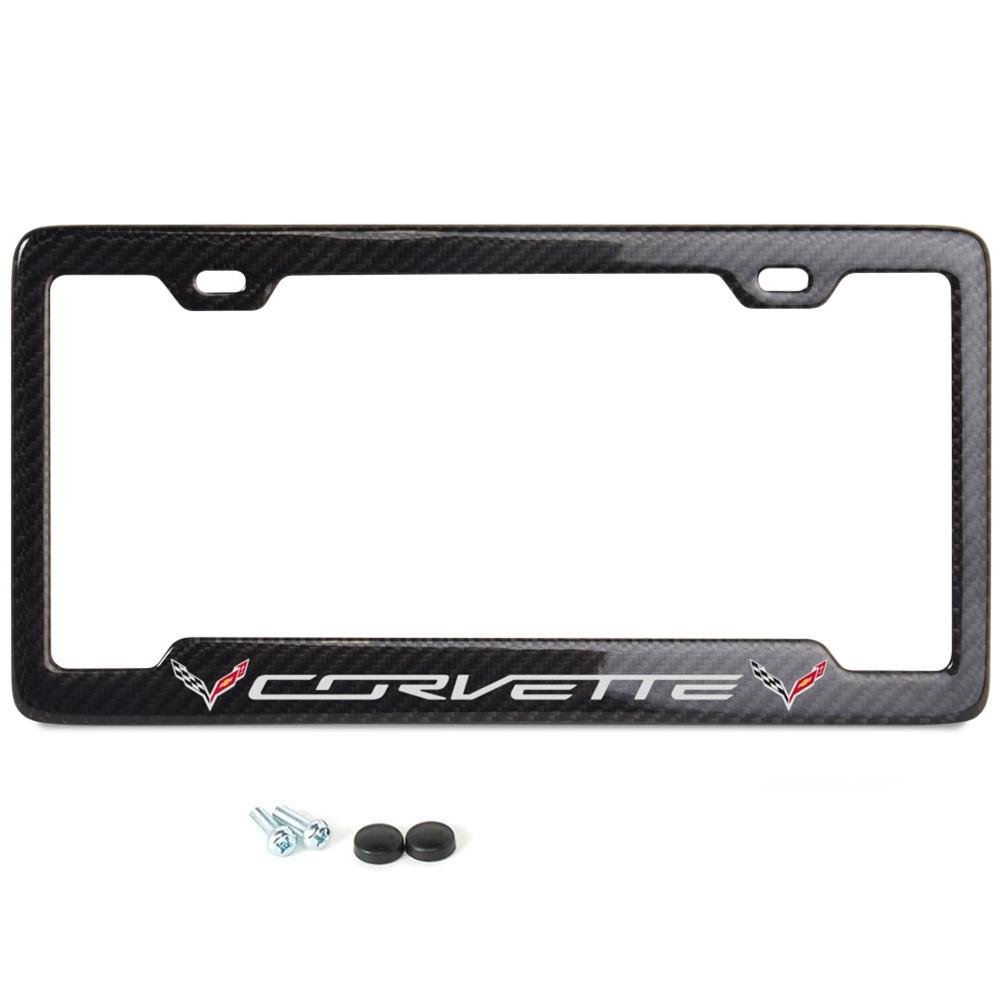 C7 Corvette Carbon Fiber License Plate Frame - Light Gray Corvette Script with Flags Logo