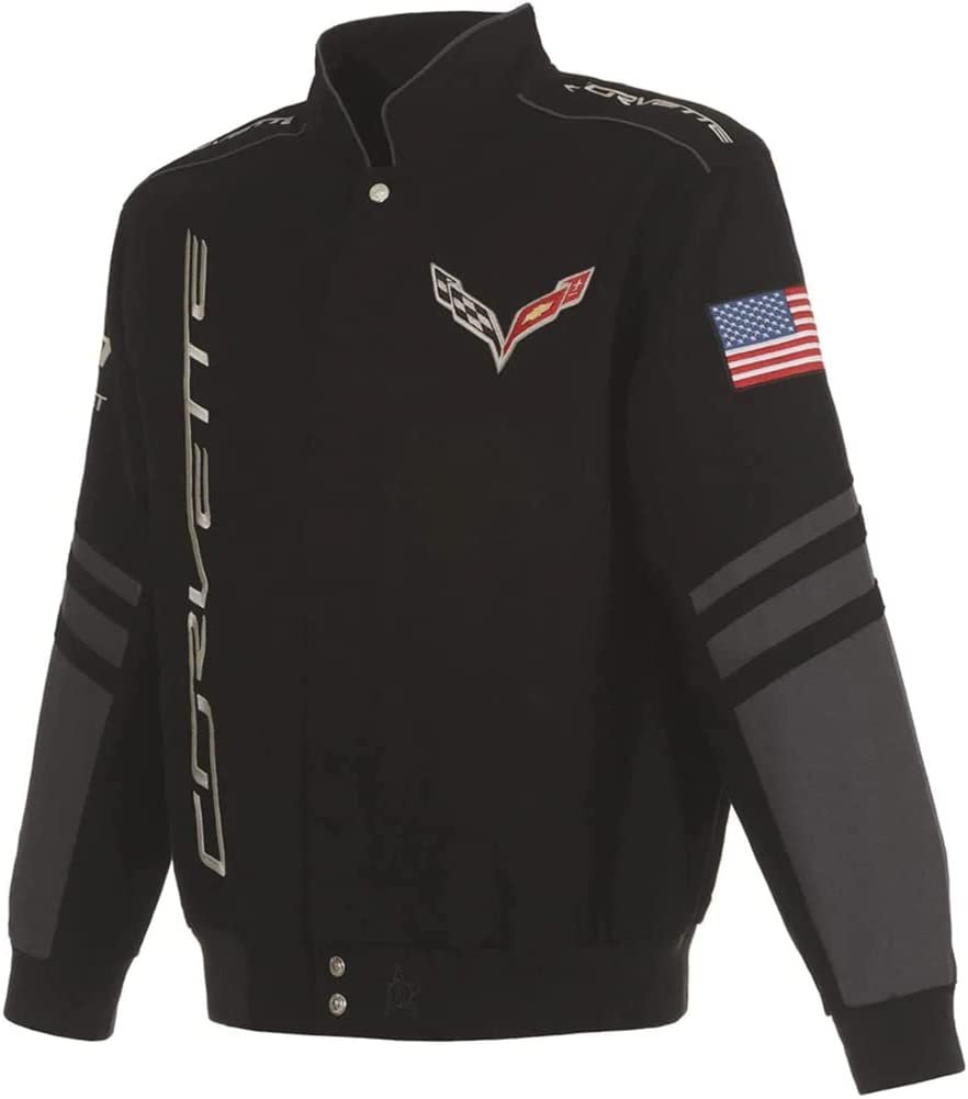 C7 Corvette Embroidered Jacket - Classic Twill Racing Style Snap Up Design - Black