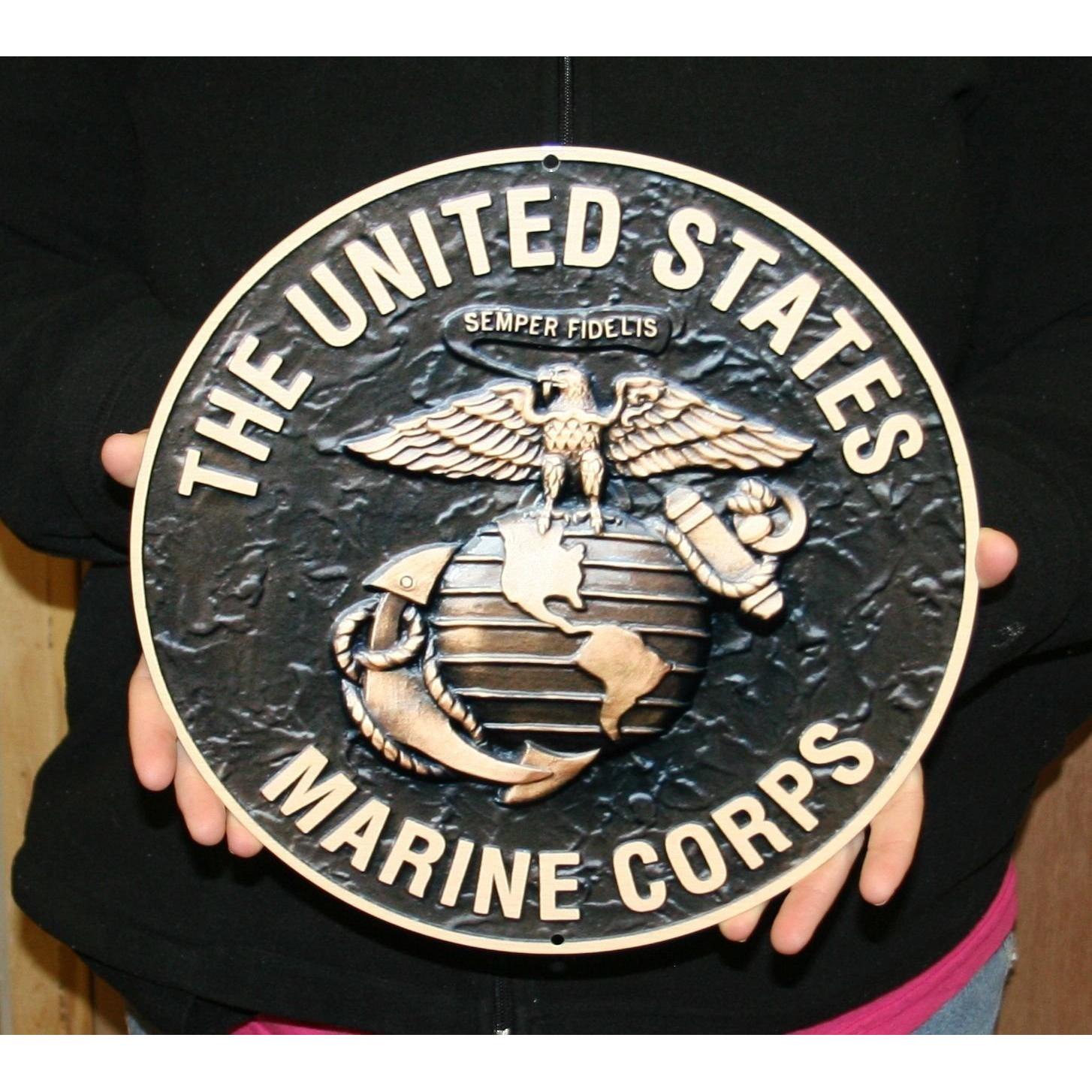 USMC Logo Round Metal Sign Black w/ Bronze 12