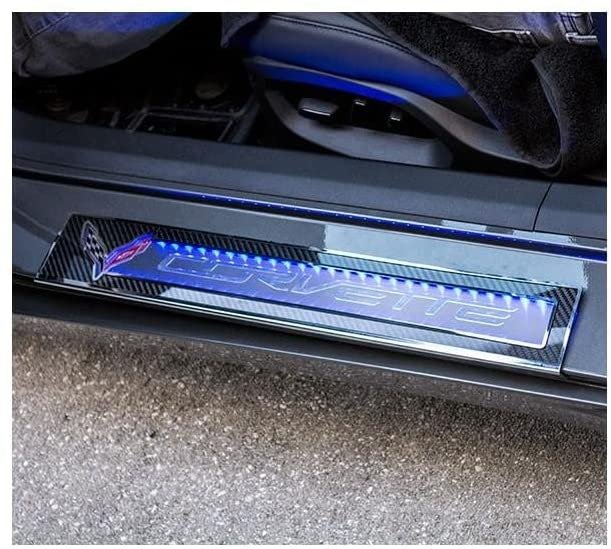 C7 Corvette Door Sill Carbon Fiber Overlay w/Polished Trim & BLUE LED Lighting