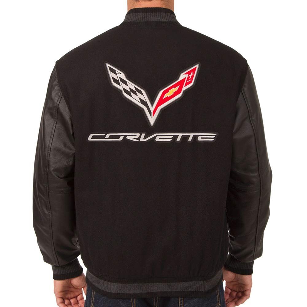 C7 Corvette Reversible Wool Varsity Style Jacket w/Leather Sleeve - Black