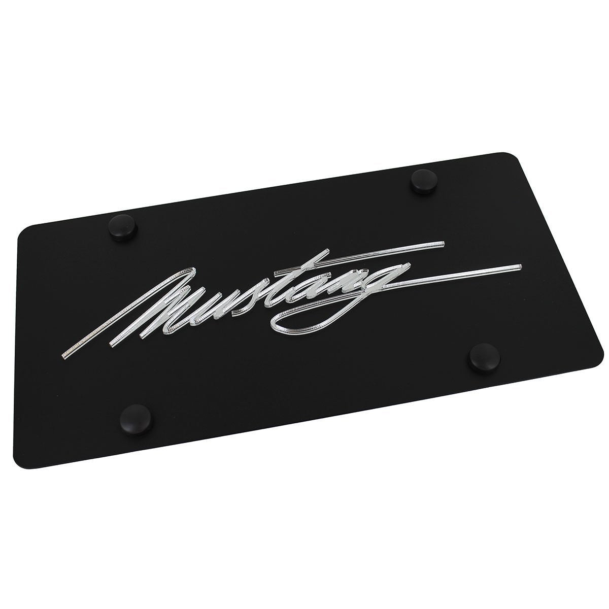 Ford Mustang Script License Plate on Black Steel