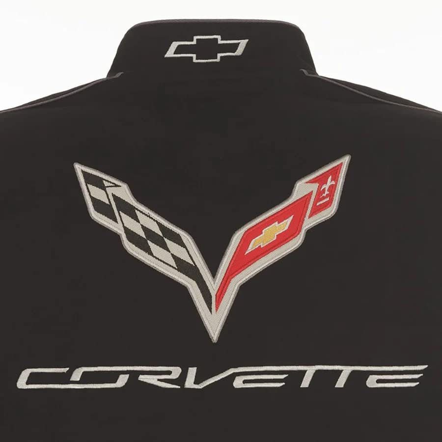 C7 Corvette Embroidered Jacket - Classic Twill Racing Style Snap Up Design - Black